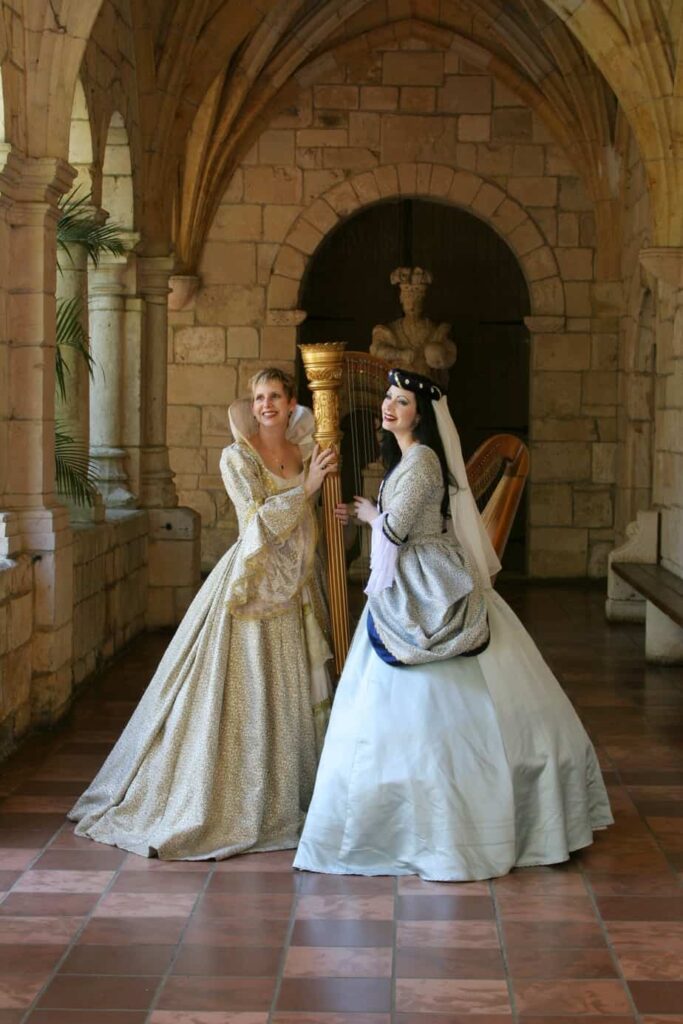 The Elegant Harp Harpists Esther and AnnaLisa Underhay at Spanish Monastery in Renaissance costume