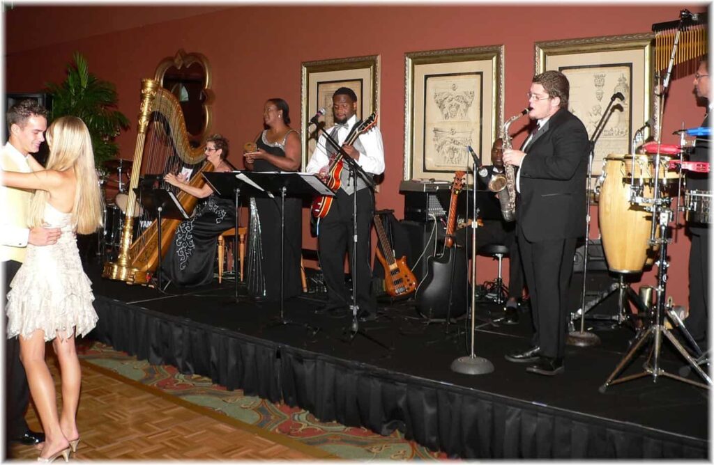 The Elegant Harp Jazz Band performs for wedding reception Mirasol Country Club Palm Beach Gardens Florida