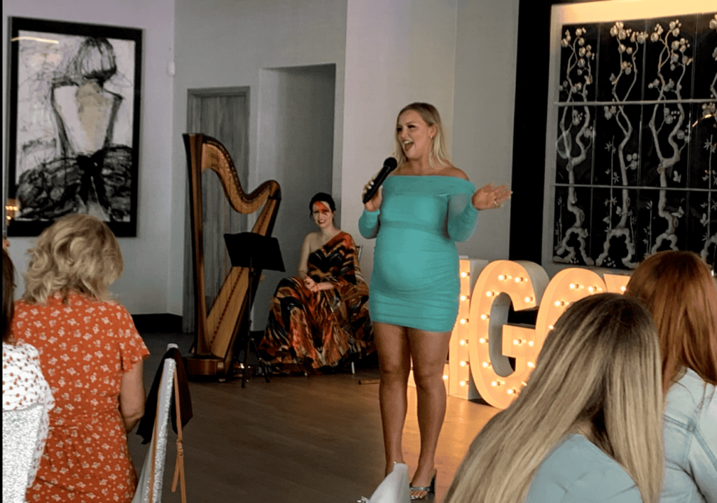 Mommy-to-Be at Ziggy Stardust themed Baby Shower with Harpist AnnaLisa Underhay